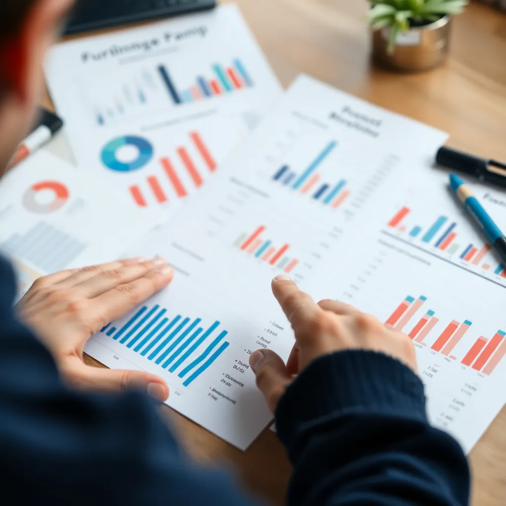 Person analysiert Finanzen mit Diagrammen und Tabellen