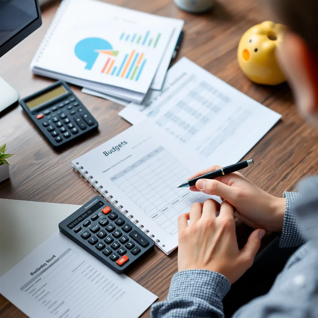 Person plant Budget am Schreibtisch mit Taschenrechner und Unterlagen