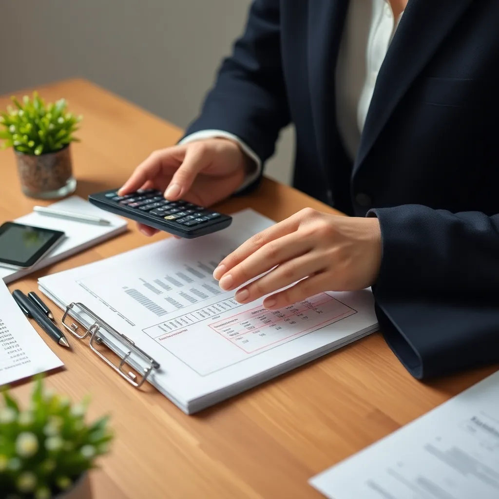 Person plant ihr Budget mit Taschenrechner und Unterlagen